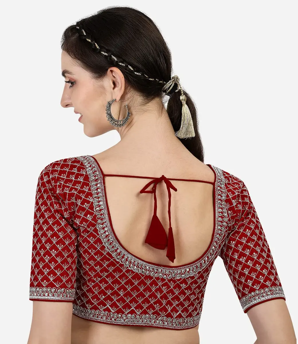 Pujia Mills Women's Ready Made Blouse Burgundy 38 (96.5cm) | Heavy Silver Jari Thread Work - view 2