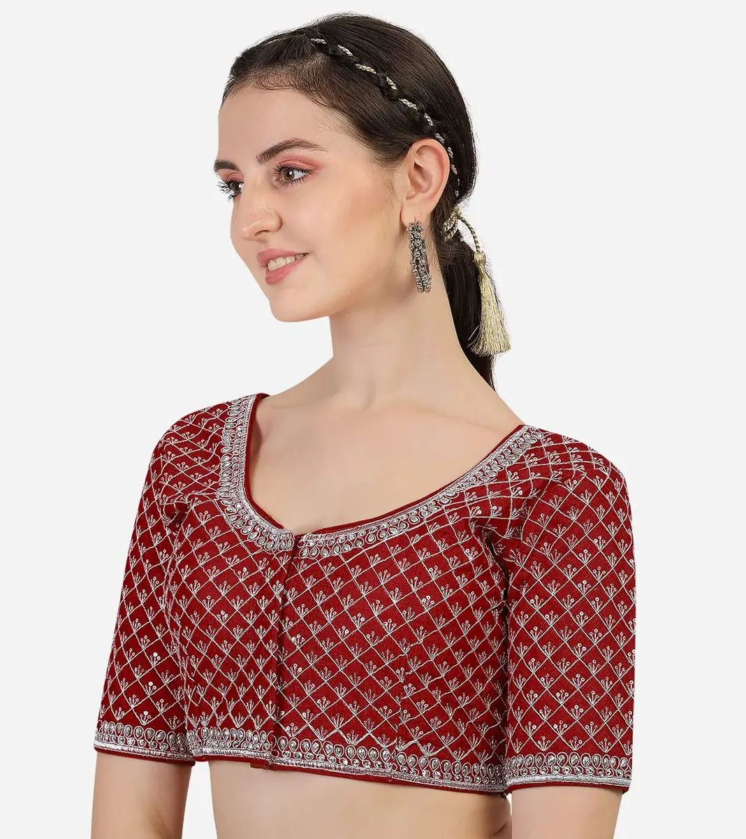 Pujia Mills Women's Ready Made Blouse Burgundy 38 (96.5cm) | Heavy Silver Jari Thread Work - view 3