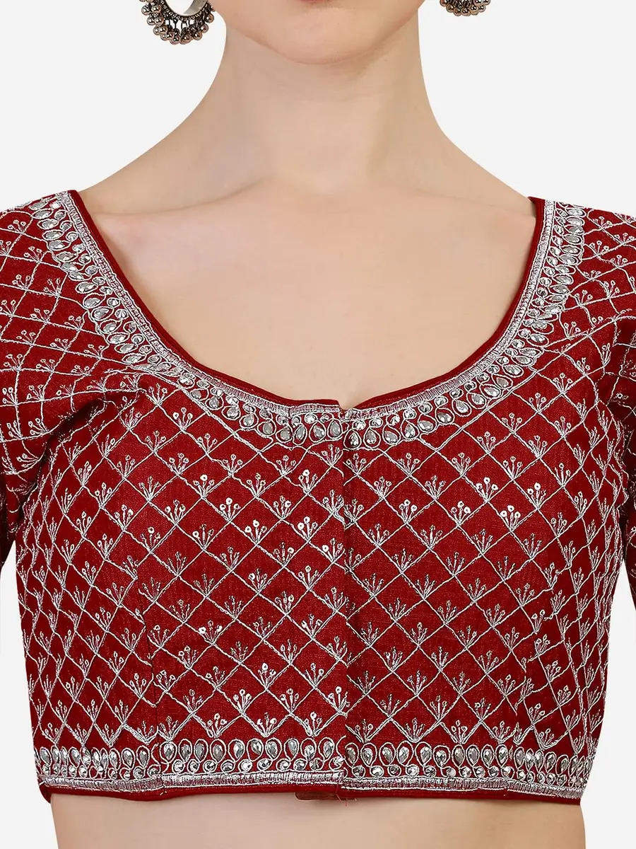 Pujia Mills Women's Ready Made Blouse Burgundy 38 (96.5cm) | Heavy Silver Jari Thread Work - view 4
