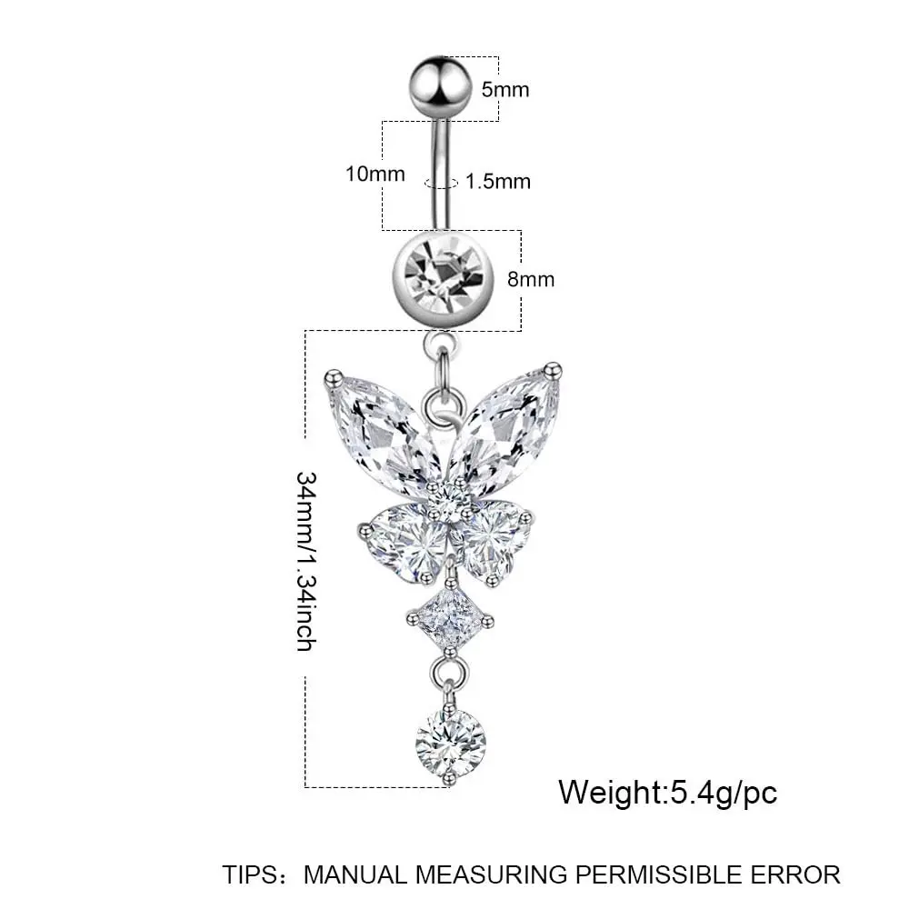 Pingyongchang Belly Button Ring 14G Butterfly CZ Dangle | Hypoallergenic Stainless Steel (70-120c) - view 5