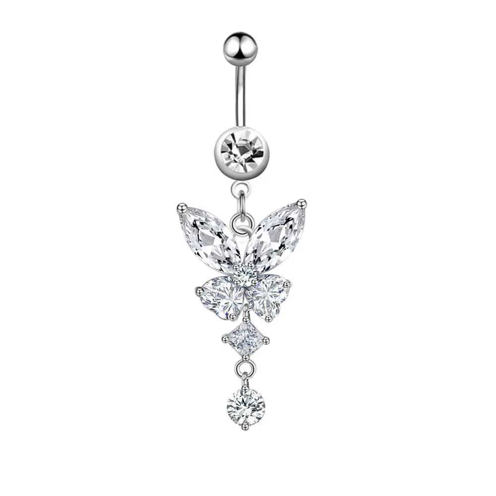 Pingyongchang Belly Button Ring 14G Butterfly CZ Dangle | Hypoallergenic Stainless Steel (70-120c) - main product image