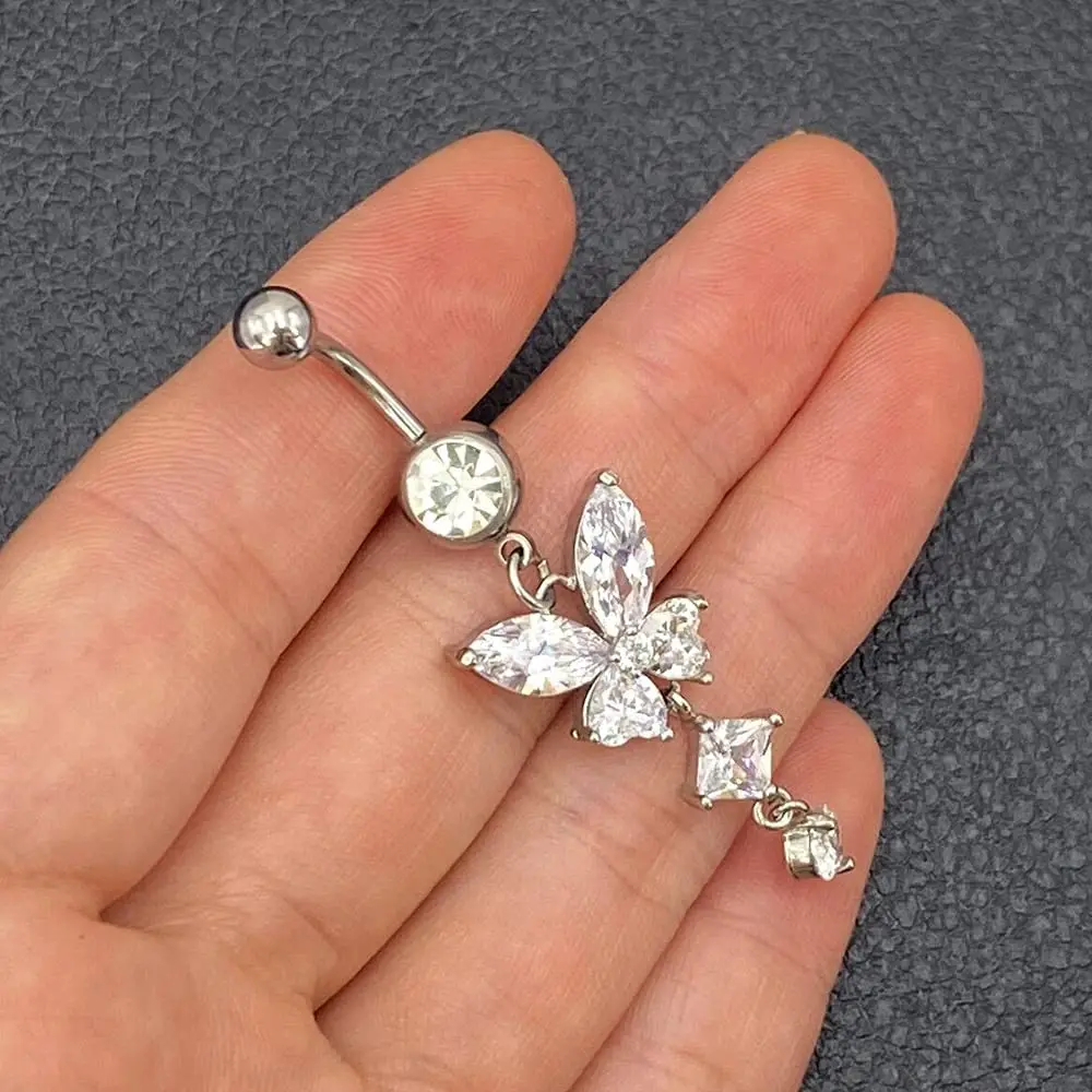 Pingyongchang Belly Button Ring 14G Butterfly CZ Dangle | Hypoallergenic Stainless Steel (70-120c) - view 2
