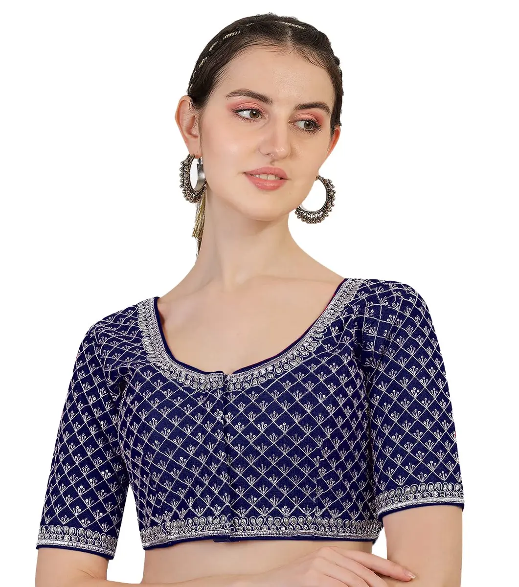 Pujia Mills Women's Ready Made Blouse Size 38 (38 | 100g) | Silver Jari Thread & Sequins Work - main product image