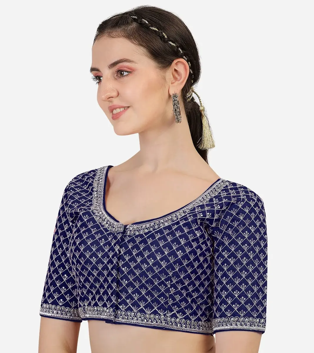 Pujia Mills Women's Ready Made Blouse Size 38 (38 | 100g) | Silver Jari Thread & Sequins Work - view 3