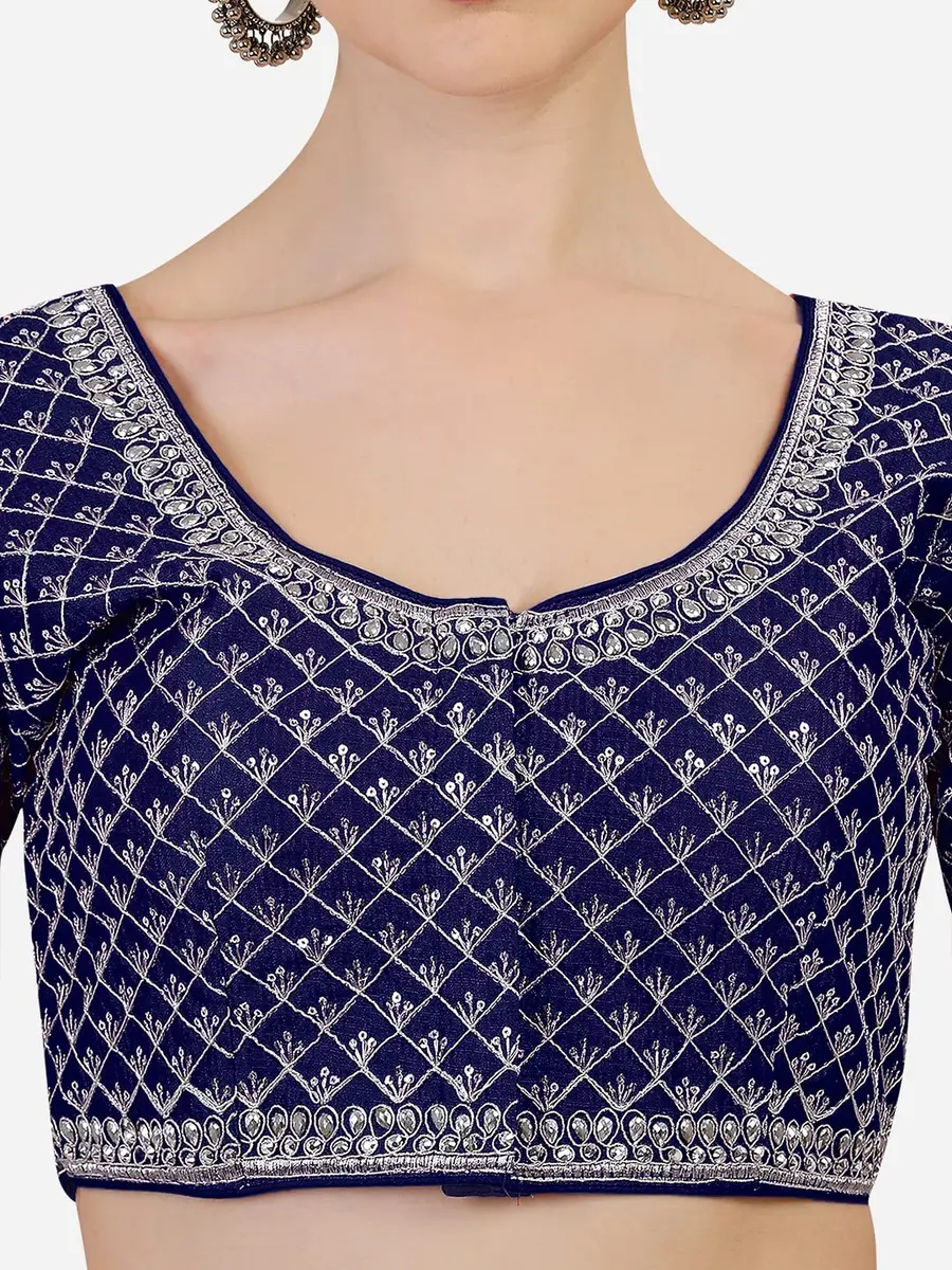 Pujia Mills Women's Ready Made Blouse Size 38 (38 | 100g) | Silver Jari Thread & Sequins Work - view 4