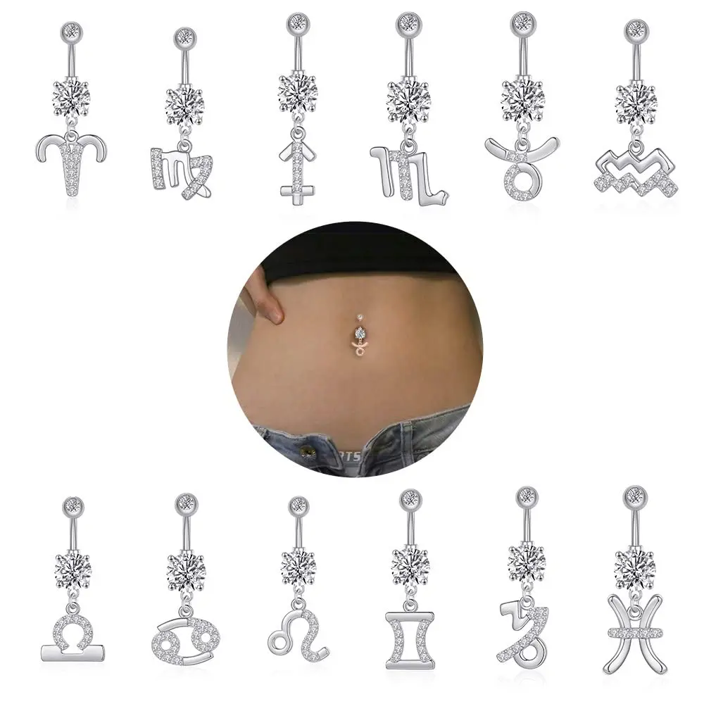 Pingyongchang Belly Button Ring 14G Libra CZ Dangle Jewelry | Surgical Steel Navel Bar for Women - view 2