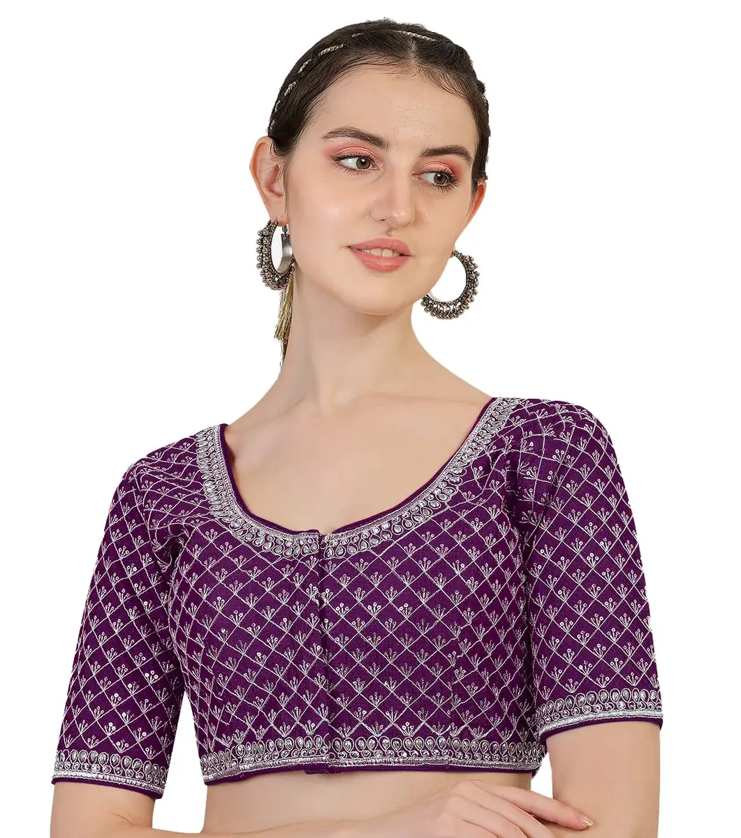 Pujia Mills Women's Wine Silk Blouse with Silver Jari Thread for Saree Lehenga, 38 Inches (Adjustable to 42 Inches), Half Sleeve - main product image
