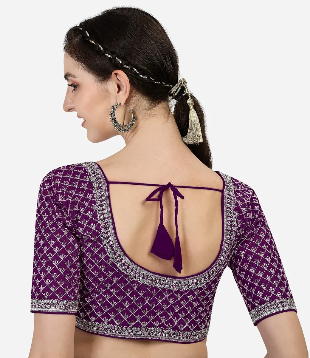 Pujia Mills Women's Wine Silk Blouse with Silver Jari Thread for Saree Lehenga, 38 Inches (Adjustable to 42 Inches), Half Sleeve - view 2