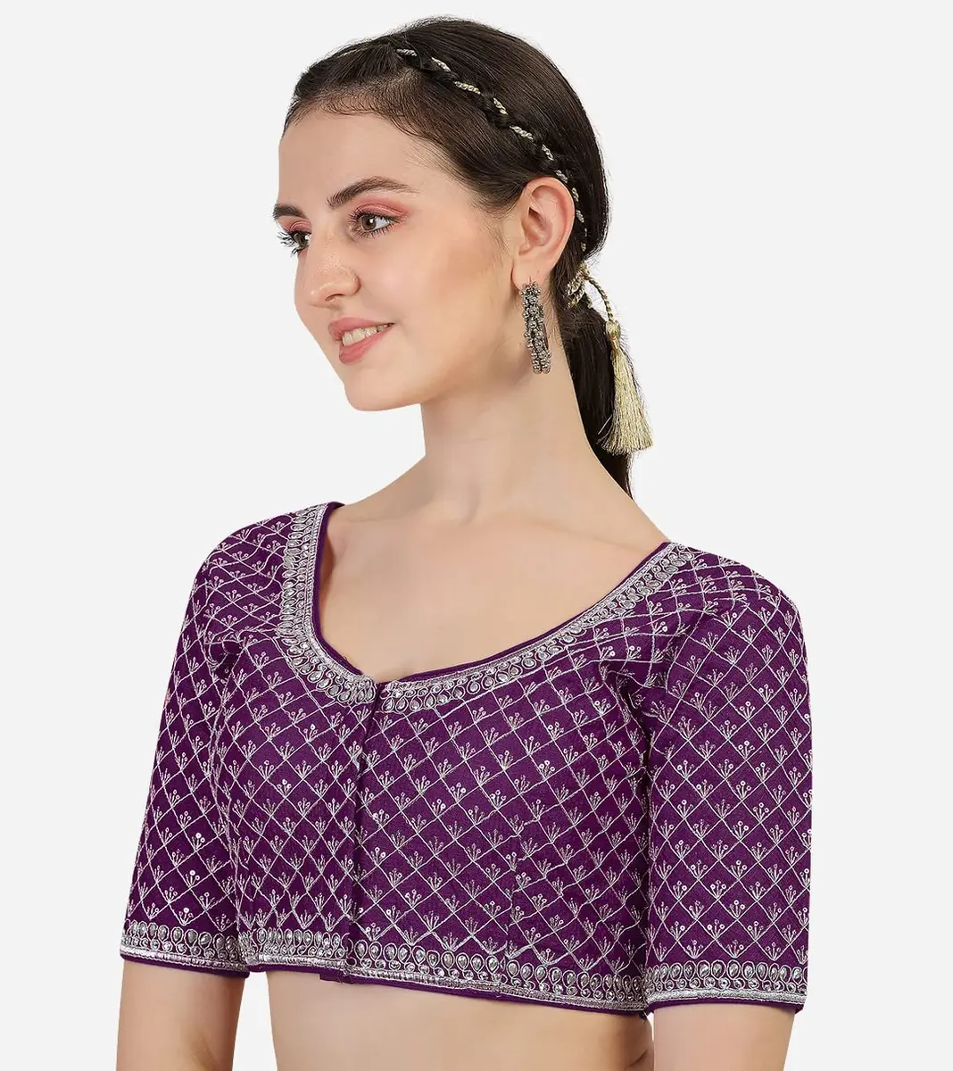 Pujia Mills Women's Wine Silk Blouse with Silver Jari Thread for Saree Lehenga, 38 Inches (Adjustable to 42 Inches), Half Sleeve - view 3