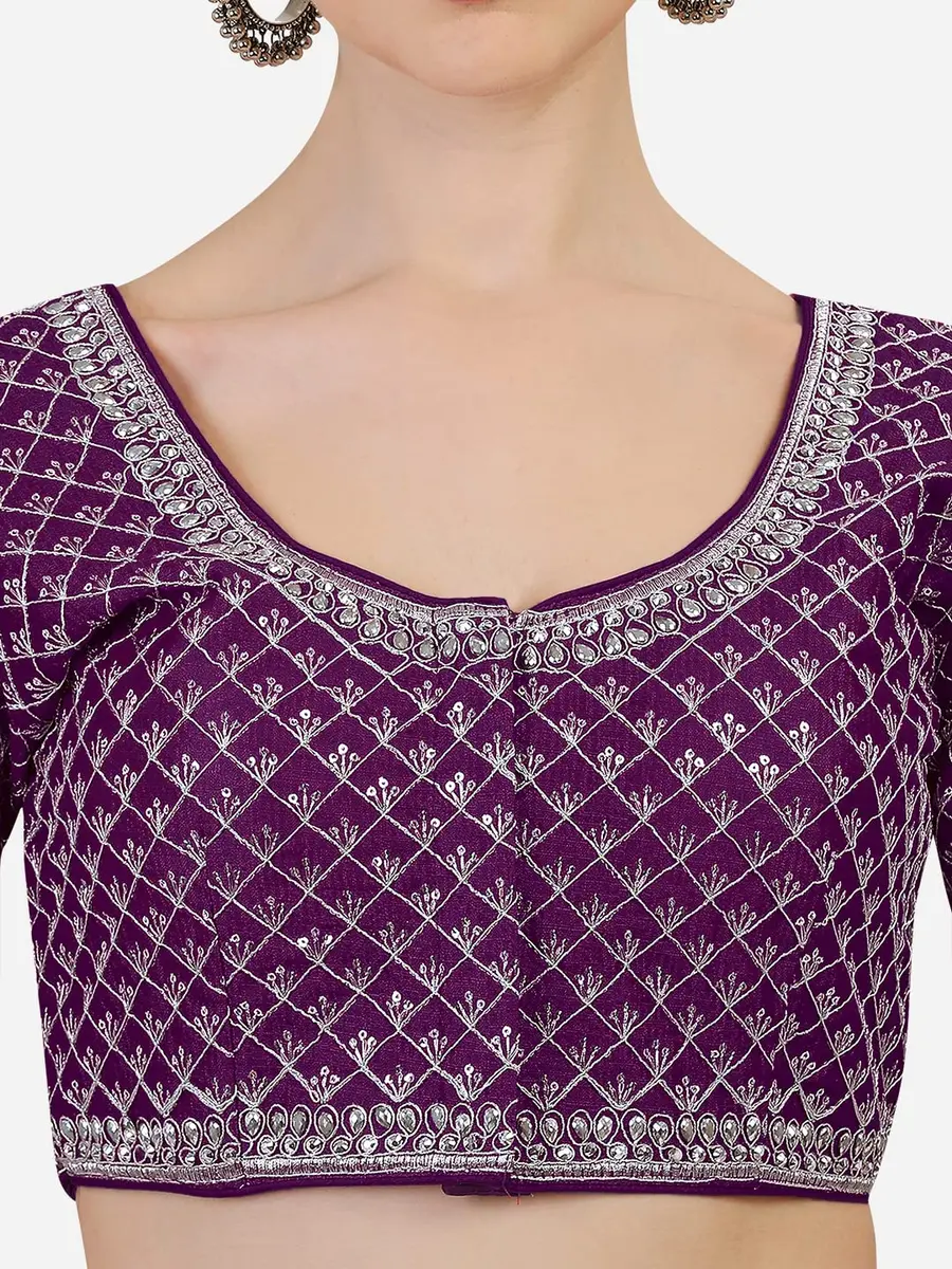 Pujia Mills Women's Wine Silk Blouse with Silver Jari Thread for Saree Lehenga, 38 Inches (Adjustable to 42 Inches), Half Sleeve - view 4
