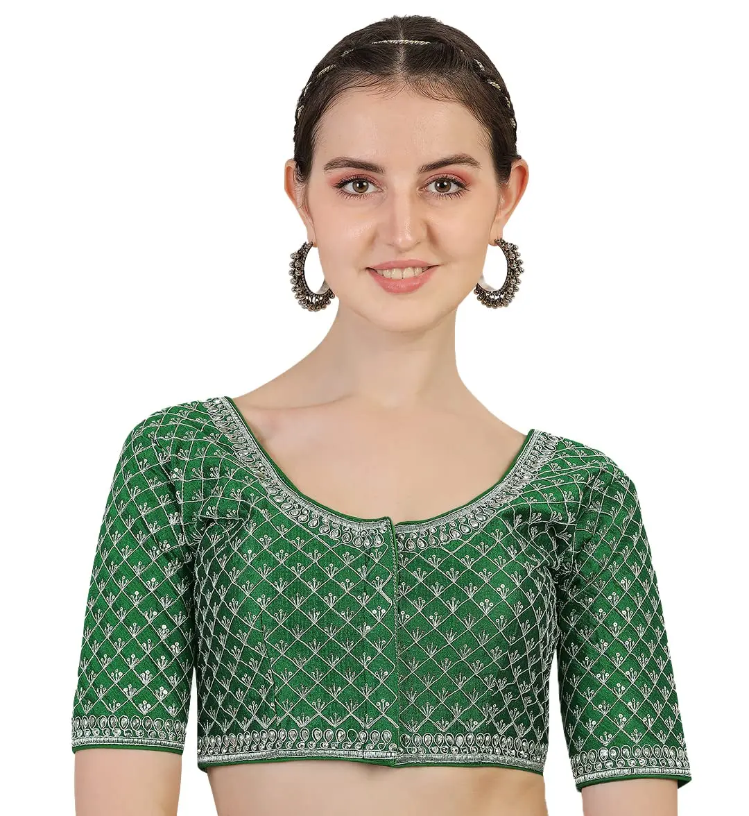 Pujia Mills Women's Blouse With Heavy Silver Jari Thread For Saree Lehenga, Green, 38 (100g) | Indian Choli for Ceremonies - main product image