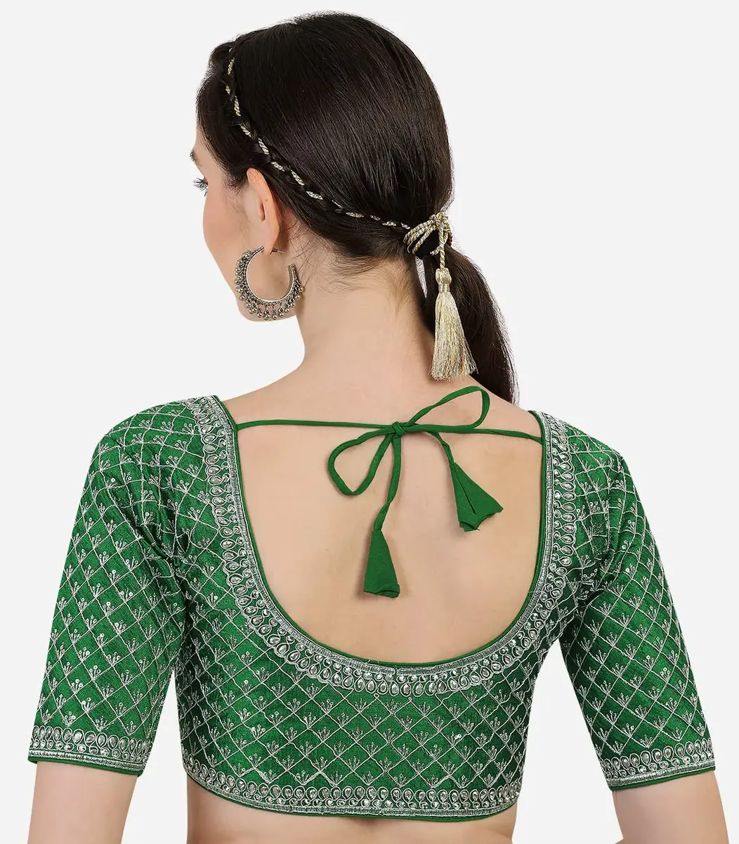 Pujia Mills Women's Blouse With Heavy Silver Jari Thread For Saree Lehenga, Green, 38 (100g) | Indian Choli for Ceremonies - view 2