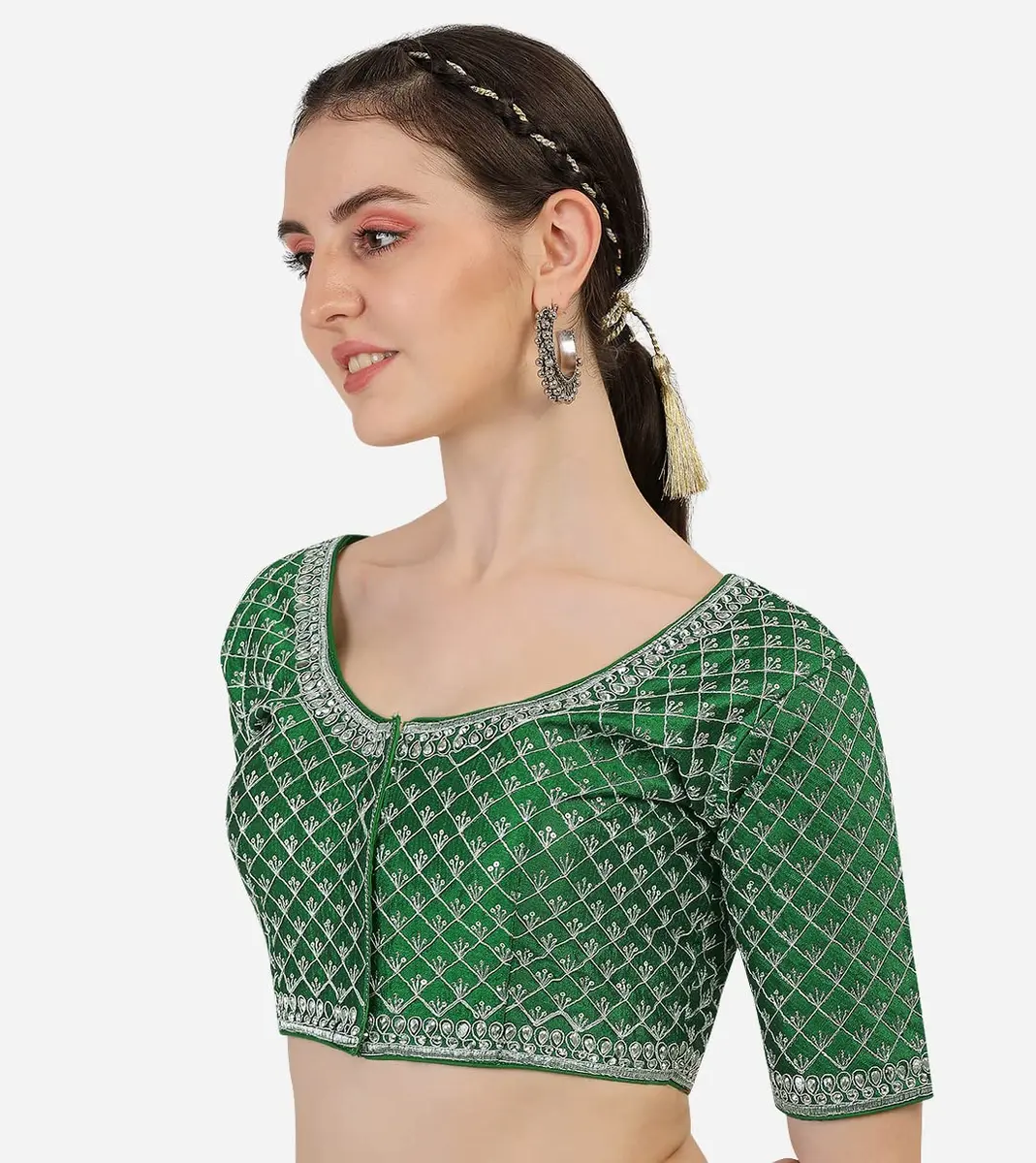 Pujia Mills Women's Blouse With Heavy Silver Jari Thread For Saree Lehenga, Green, 38 (100g) | Indian Choli for Ceremonies - view 3