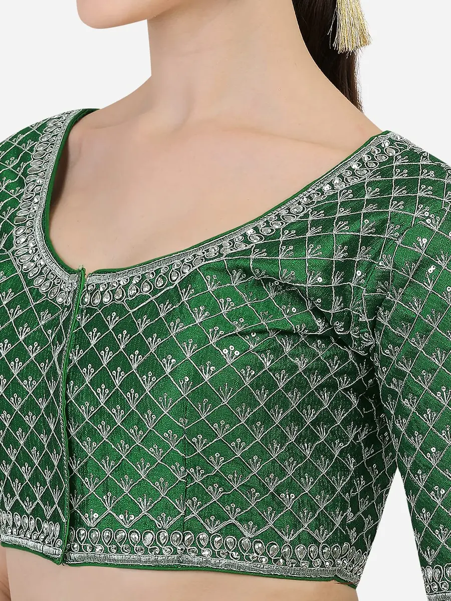 Pujia Mills Women's Blouse With Heavy Silver Jari Thread For Saree Lehenga, Green, 38 (100g) | Indian Choli for Ceremonies - view 4