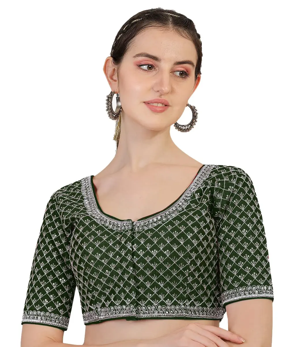 Pujia Mills Women's Ready Made Blouse with Silver Jari Thread, Dark Green, 38 (96.52 cm) - main product image