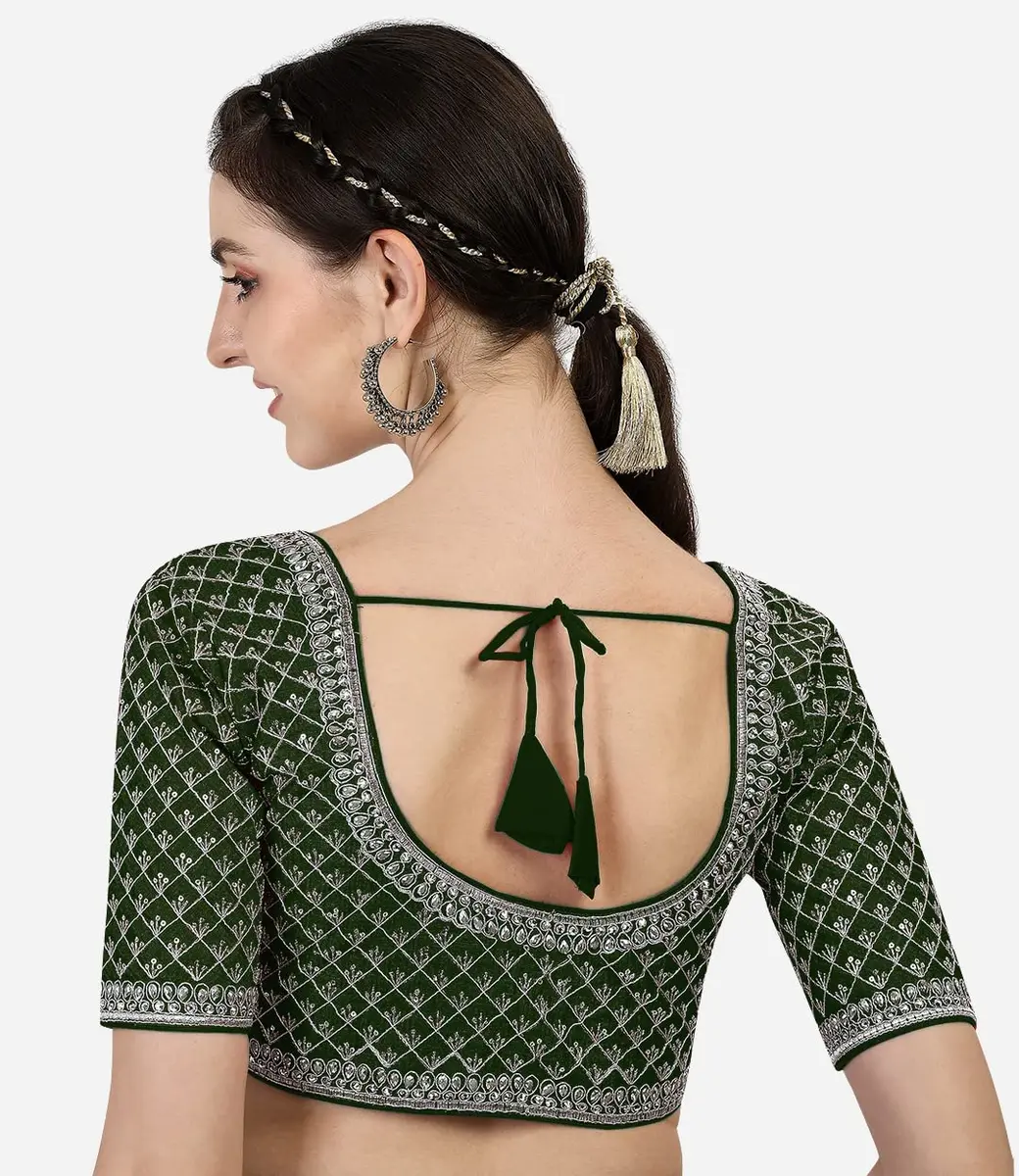 Pujia Mills Women's Ready Made Blouse with Silver Jari Thread, Dark Green, 38 (96.52 cm) - view 2
