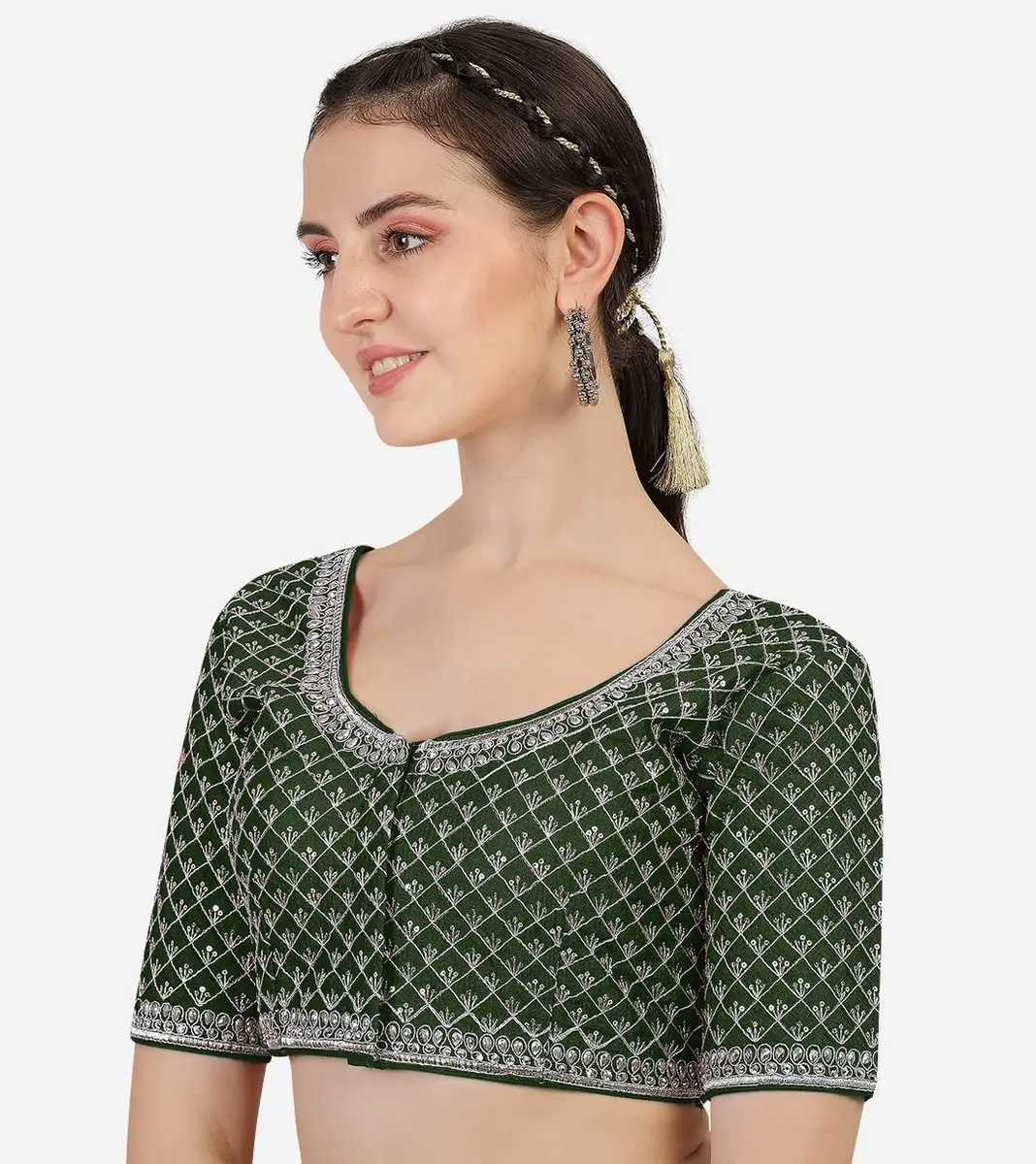 Pujia Mills Women's Ready Made Blouse with Silver Jari Thread, Dark Green, 38 (96.52 cm) - view 3