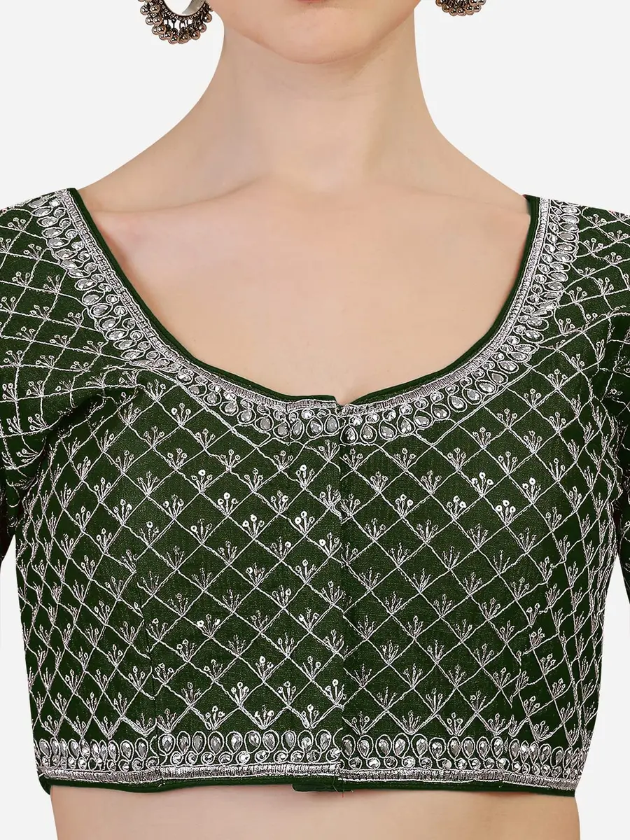 Pujia Mills Women's Ready Made Blouse with Silver Jari Thread, Dark Green, 38 (96.52 cm) - view 4