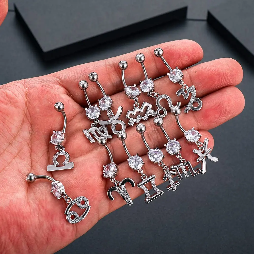 Pingyongchang Dangle Belly Button Rings 14G | Surgical Steel Navel Piercing Jewelry for Women-Cancer - view 4