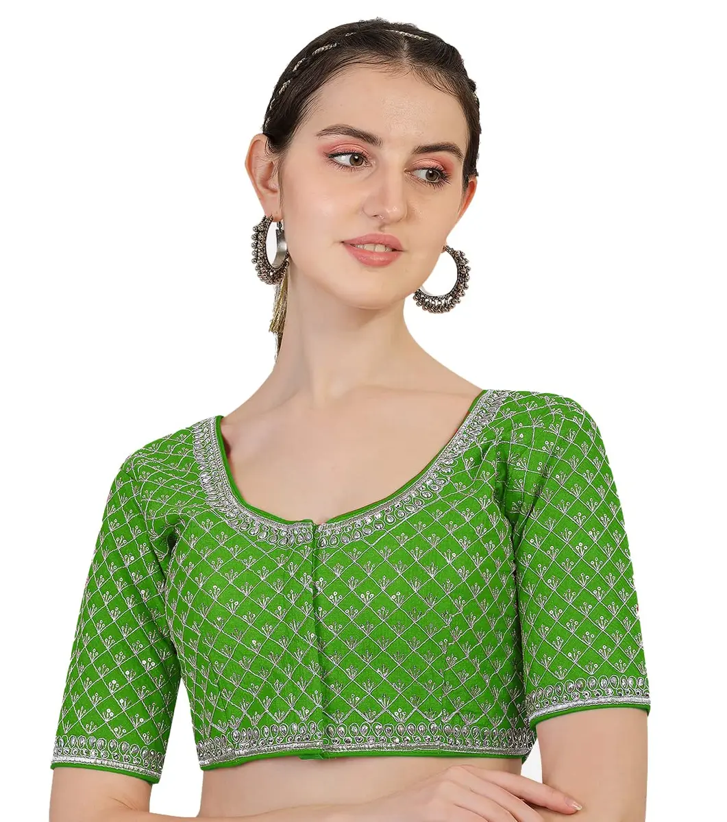 Pujia Mills Women's Ready Made Blouse with Heavy Silver Jari Thread for Saree Lehenga, Light Green, 38 | Heavy Ghost Silk, Padded - main product image