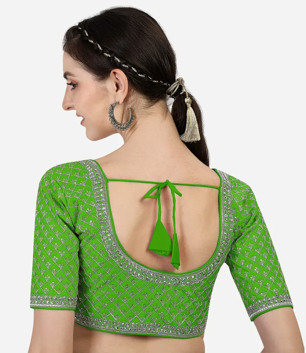 Pujia Mills Women's Ready Made Blouse with Heavy Silver Jari Thread for Saree Lehenga, Light Green, 38 | Heavy Ghost Silk, Padded - view 2