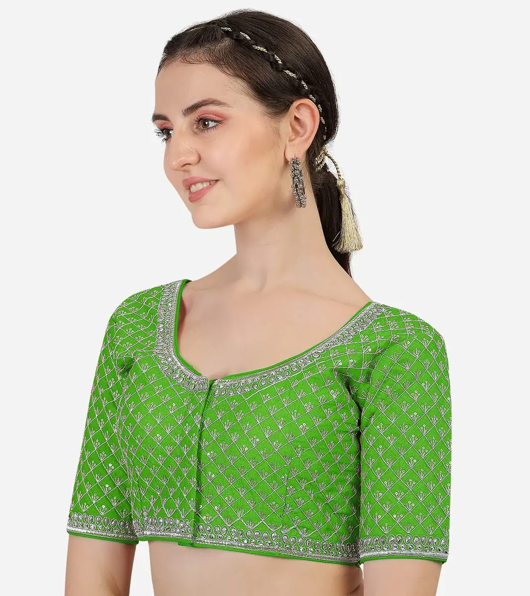 Pujia Mills Women's Ready Made Blouse with Heavy Silver Jari Thread for Saree Lehenga, Light Green, 38 | Heavy Ghost Silk, Padded - view 3
