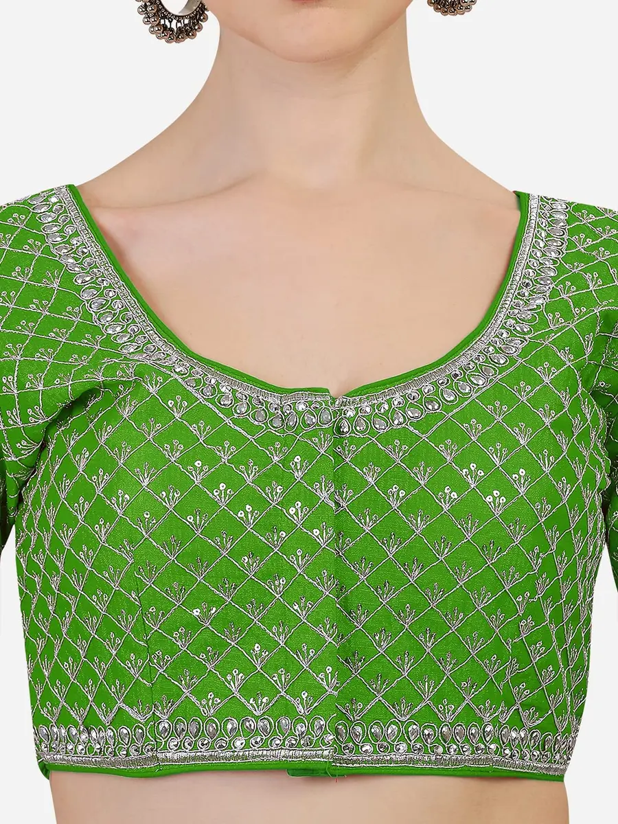 Pujia Mills Women's Ready Made Blouse with Heavy Silver Jari Thread for Saree Lehenga, Light Green, 38 | Heavy Ghost Silk, Padded - view 4