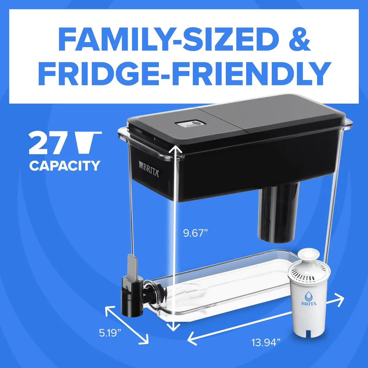 Brita UltraMax 27 Cup Water Dispenser with 1 Standard Filter, Black | Fridge-Friendly & Space-Saving - view 7