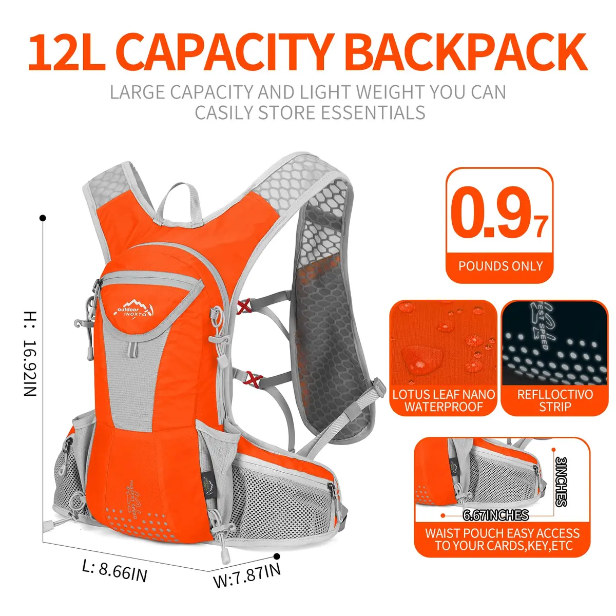 IX INOXTO Hydration Pack Backpack 12L Light Orange | Water-Resistant, Lightweight, Durable - view 2