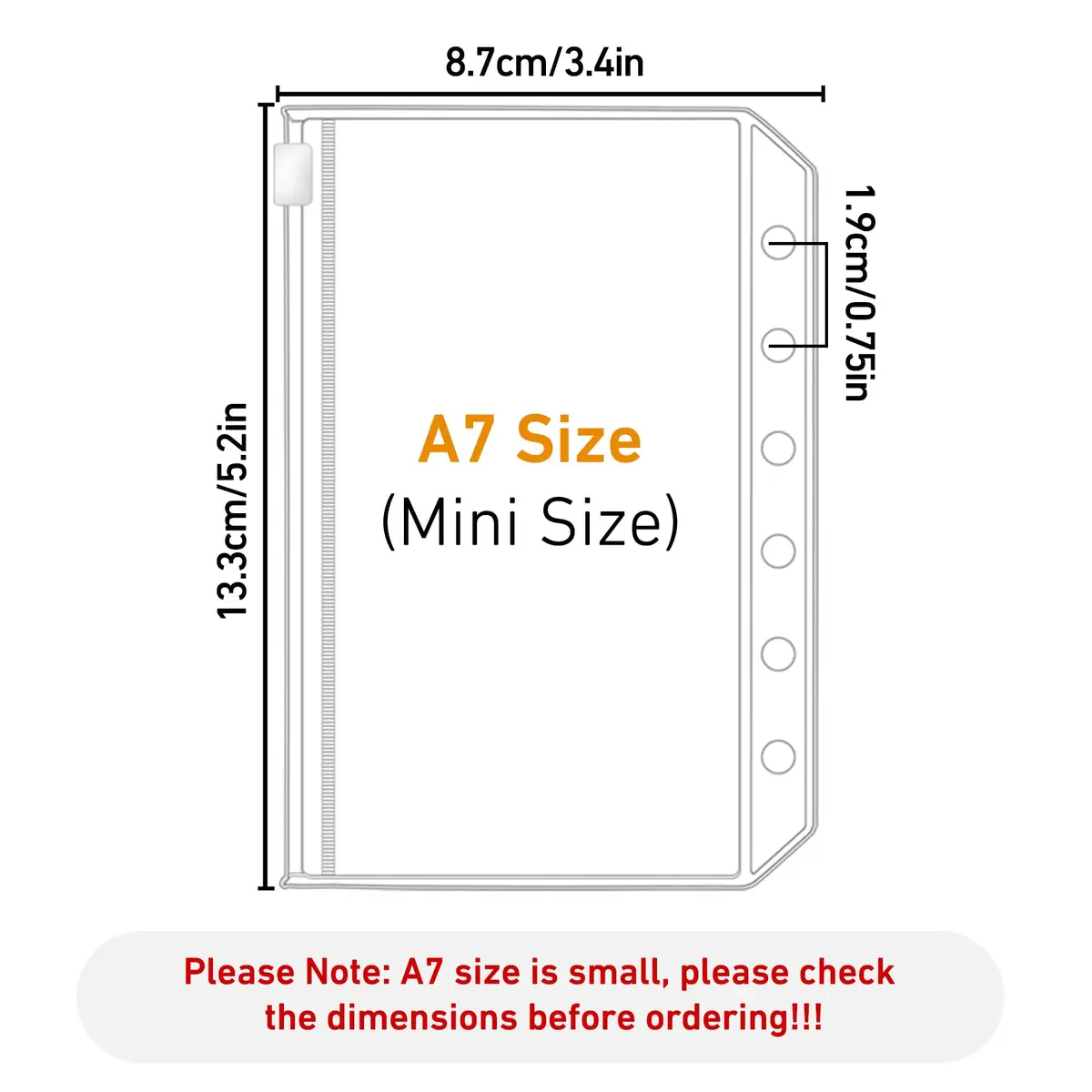 Antner A7 Mini Binder Pockets with Zipper, 6 Holes, 13.3cm x 8.7cm (5.24" x 3.43") | Pack of 12 Clear PVC Pouches for Budgeting & Organization - view 2