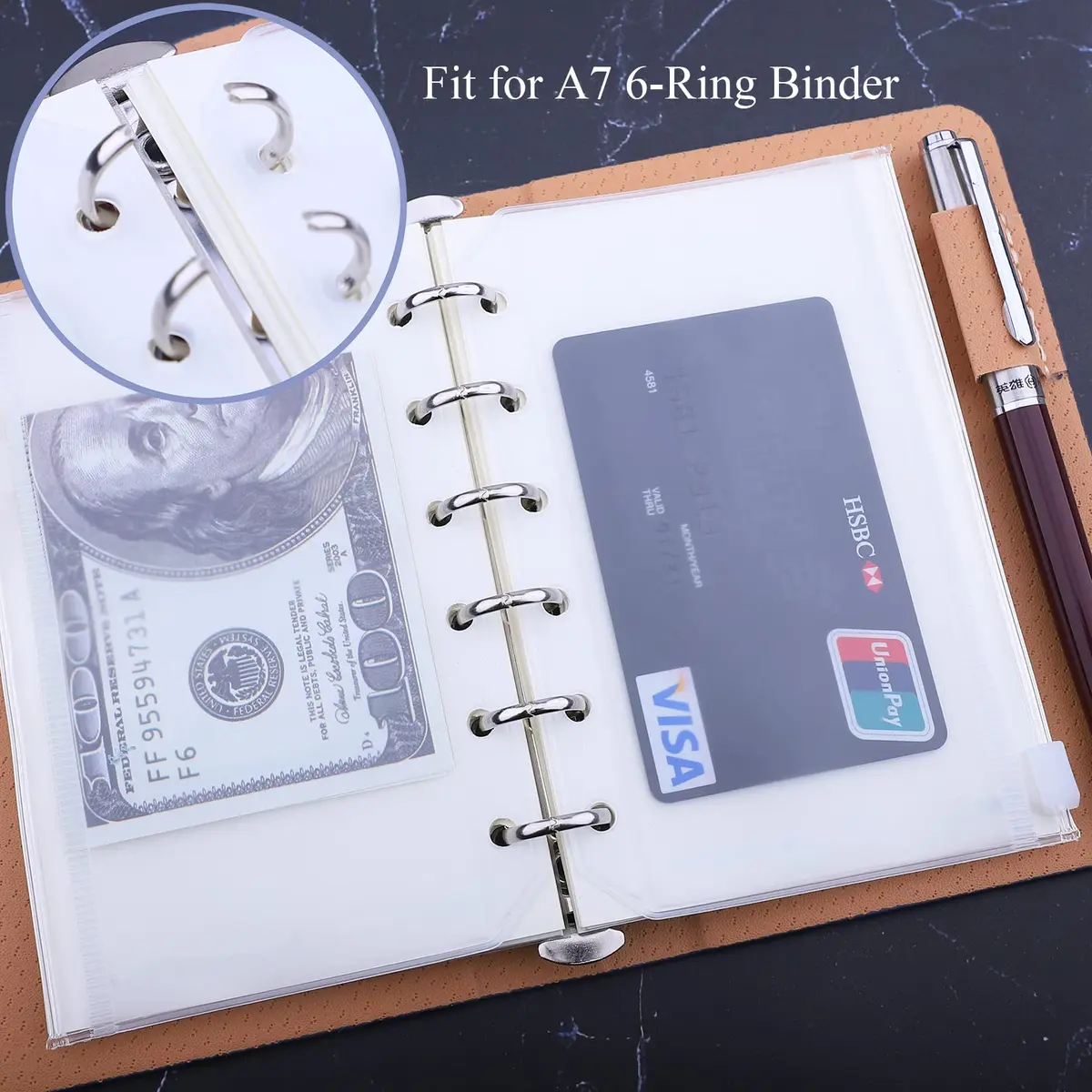 Antner A7 Mini Binder Pockets with Zipper, 6 Holes, 13.3cm x 8.7cm (5.24" x 3.43") | Pack of 12 Clear PVC Pouches for Budgeting & Organization - view 3