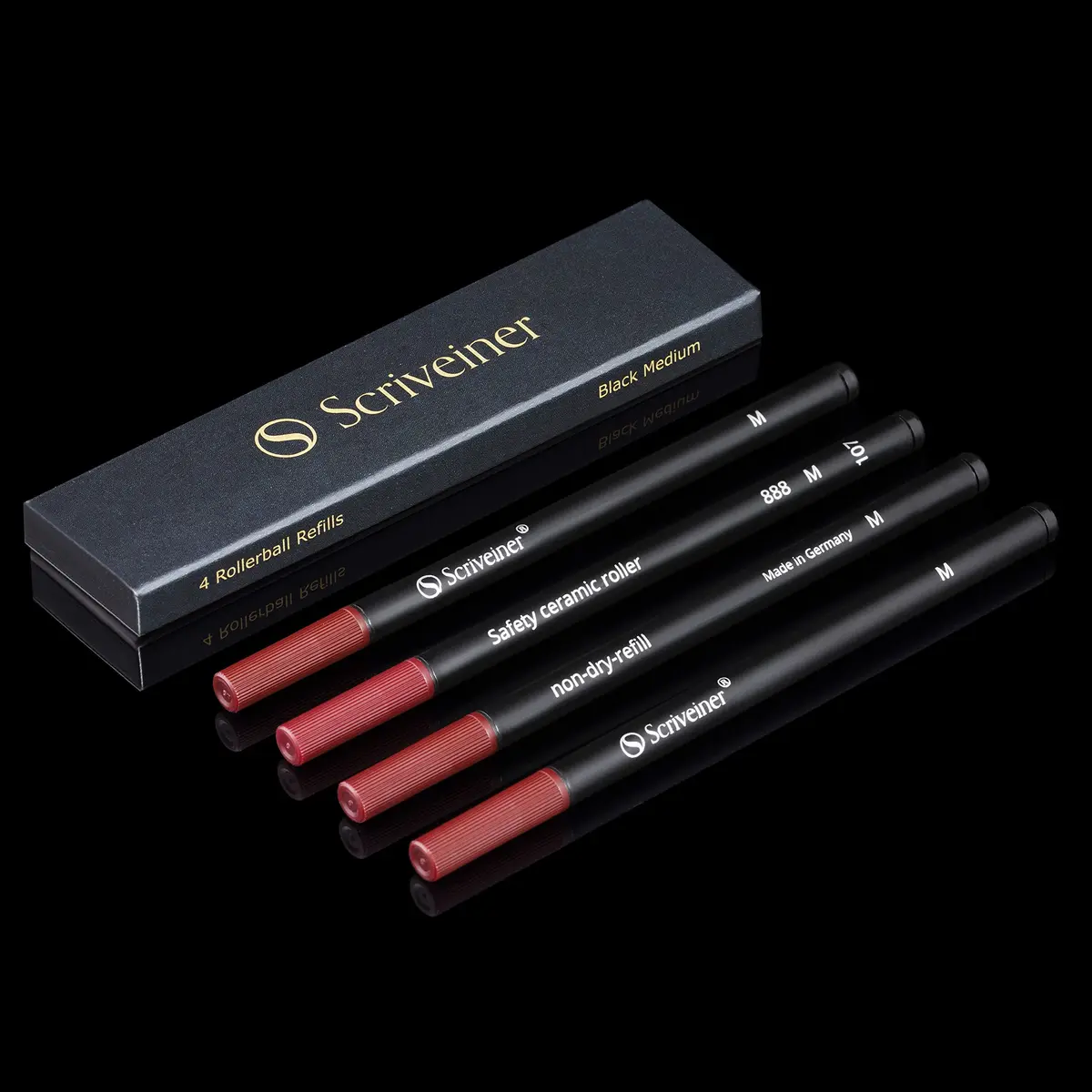 Scriveiner Rollerball Refill Black Medium 4 Pack (11.6cm x 1cm x 2.8cm) | Smooth Ink Flow - main product image