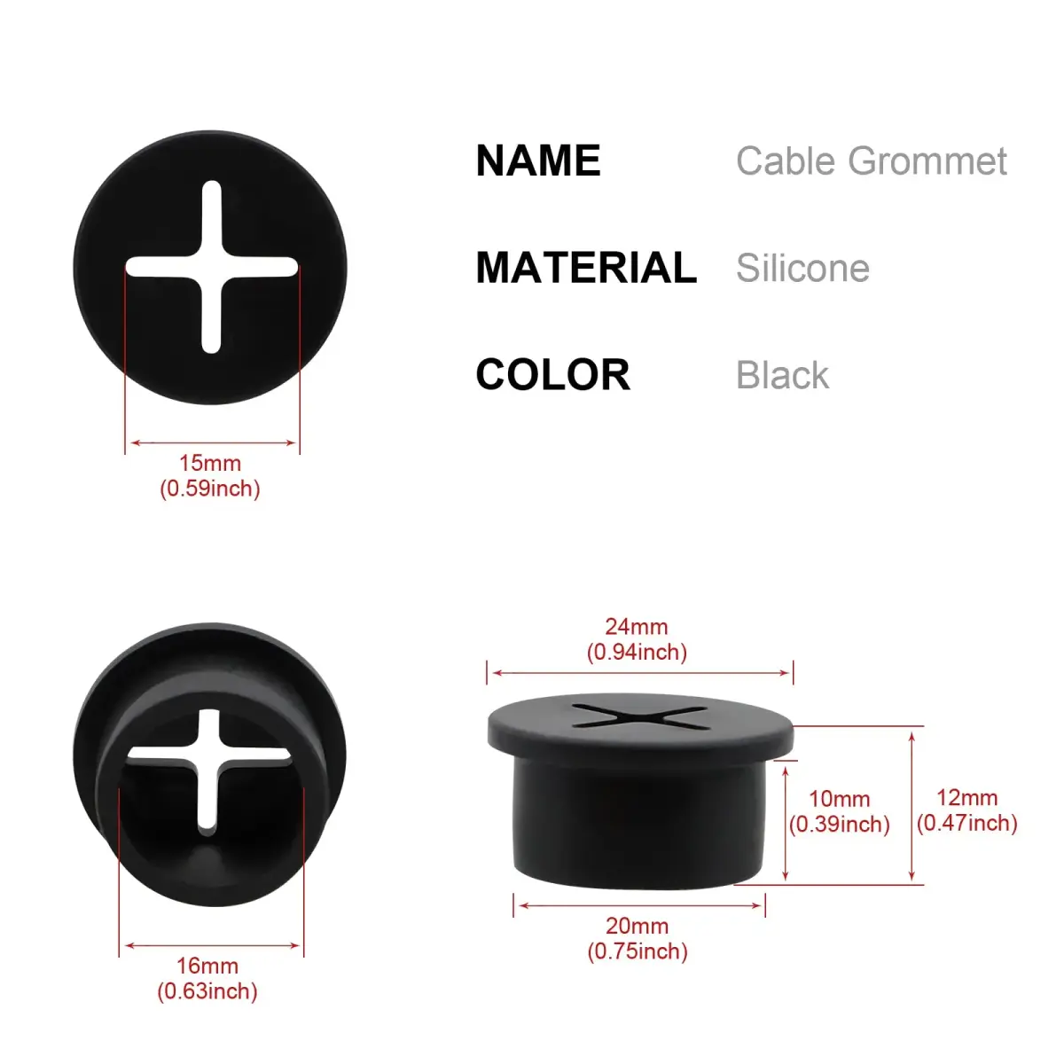 KITANIS 3/4 Inch (20mm) Black Rubber Desk Grommet | Flexible Silicone Cable Cord Grommet | 12-Pack - view 2