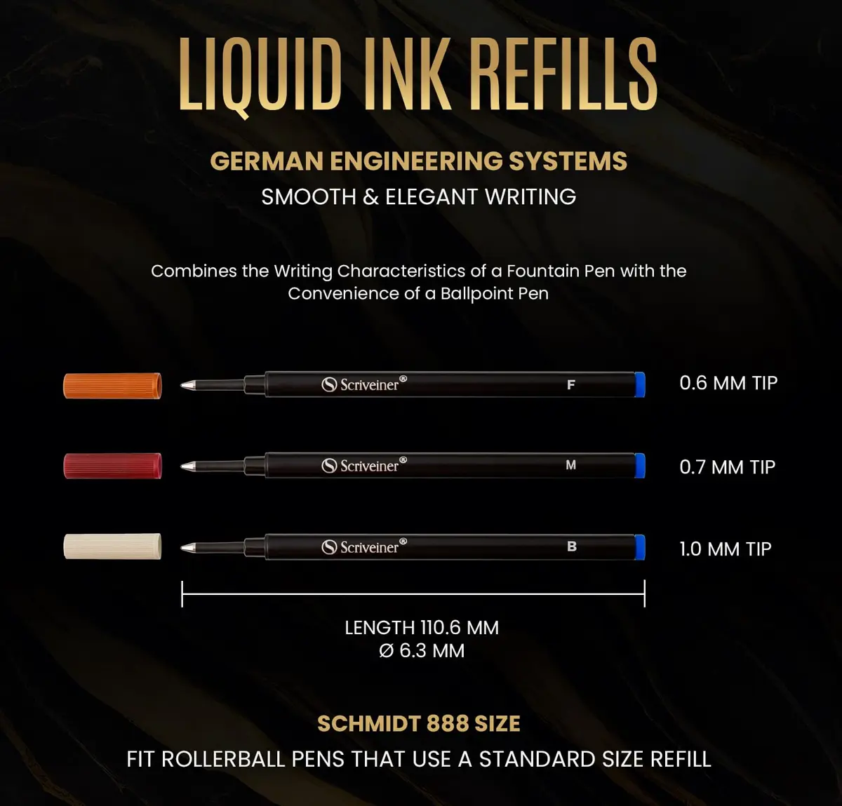 Scriveiner Blue Medium Rollerball Pen Refills (4-Pack, 0.7mm Tip) | Smooth Liquid Ink, Made in Germany - view 5