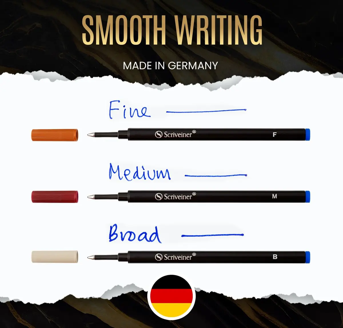 Scriveiner Blue Medium Rollerball Pen Refills (4-Pack, 0.7mm Tip) | Smooth Liquid Ink, Made in Germany - view 2