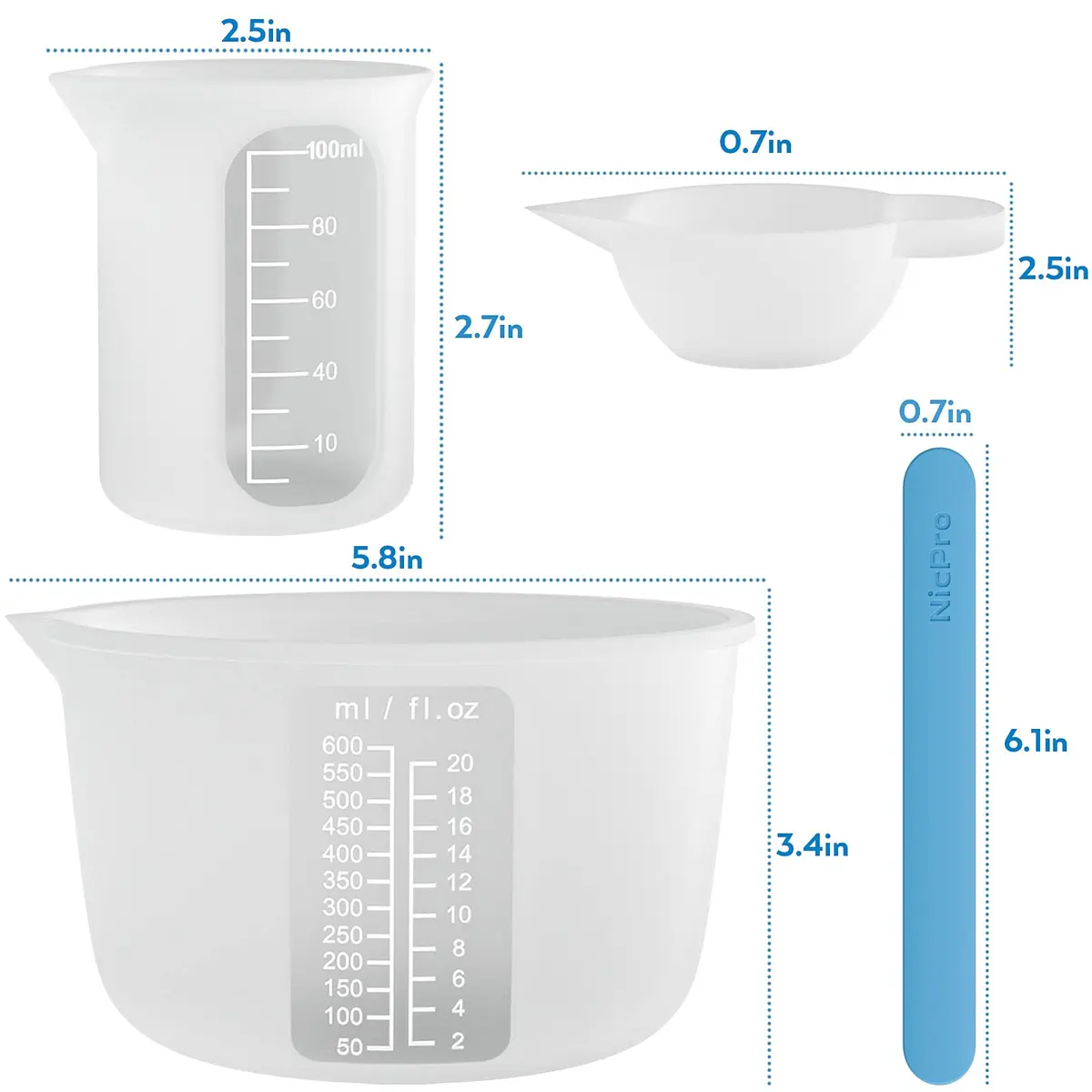 Nicpro Large Silicone Resin Measuring Cups Tool Kit 600ml & 100ml | Reusable Epoxy Resin Mixing Tools for Jewelry Making - view 3