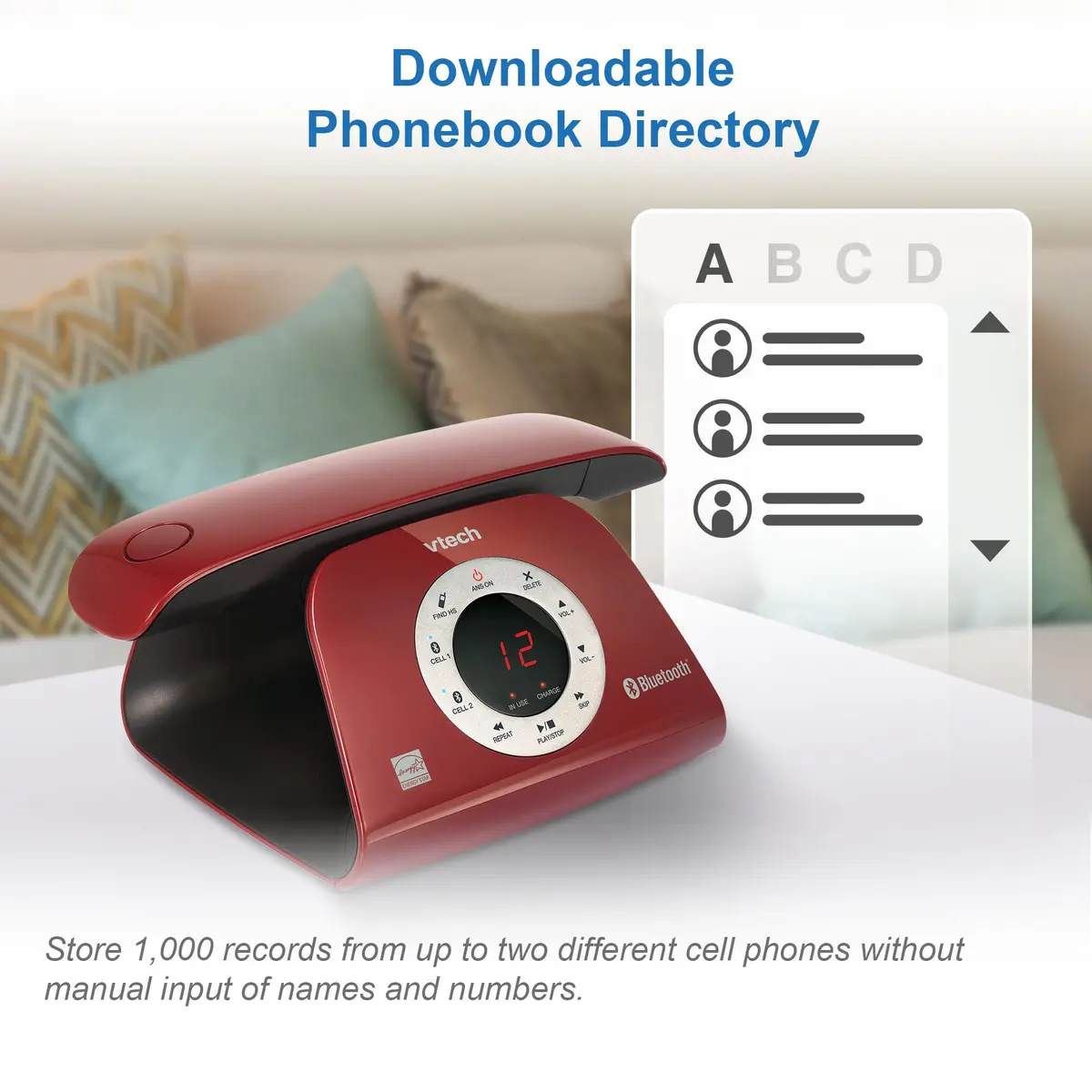 VTech VS122-16 Retro-Design Cordless Phone with Bluetooth Connect to Cell, Call Blocker, Answering System, Full-Duplex Speakerphone, Red - view 5