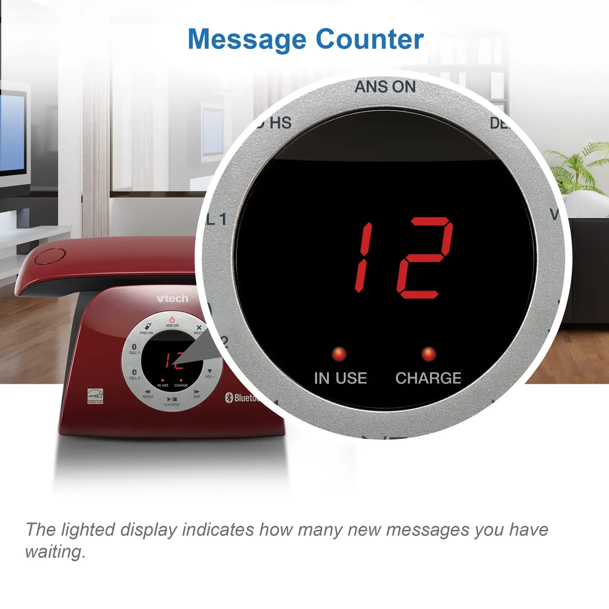 VTech VS122-16 Retro-Design Cordless Phone with Bluetooth Connect to Cell, Call Blocker, Answering System, Full-Duplex Speakerphone, Red - view 6