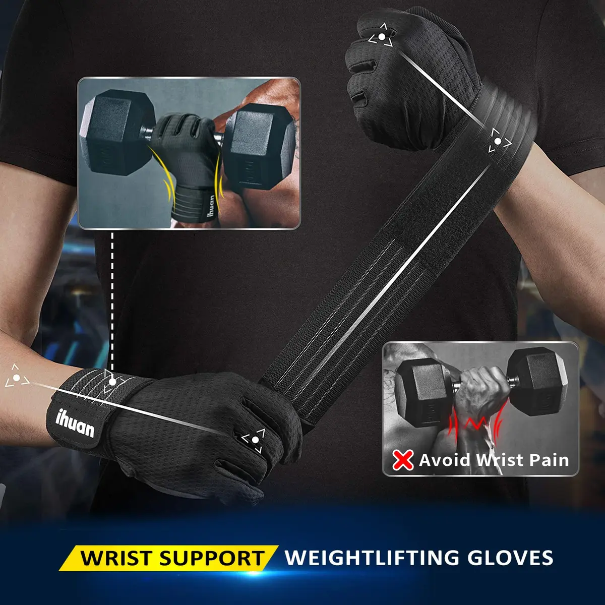 ihuan Full Finger Weight Lifting Gym Gloves with Wrist Support | Full Palm Protection for Men & Women - view 3