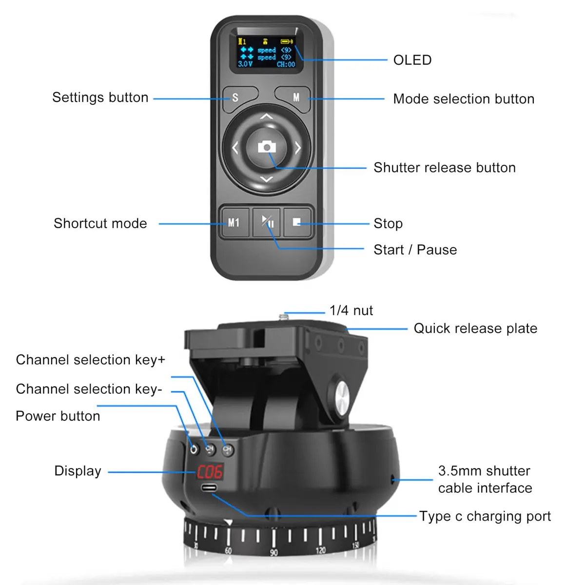 Byged Motorized Pan Tilt Head | 360° Rotation, ±35° Tilt, 100m Control, 9 Gears Speed, Smartphone & Camera Support - view 6