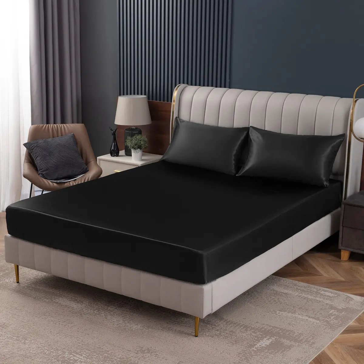 Homiest Black Satin Fitted Sheet King Deep Pocket | Silky, Luxurious, Deep Fit (70-120 chars) - main product image