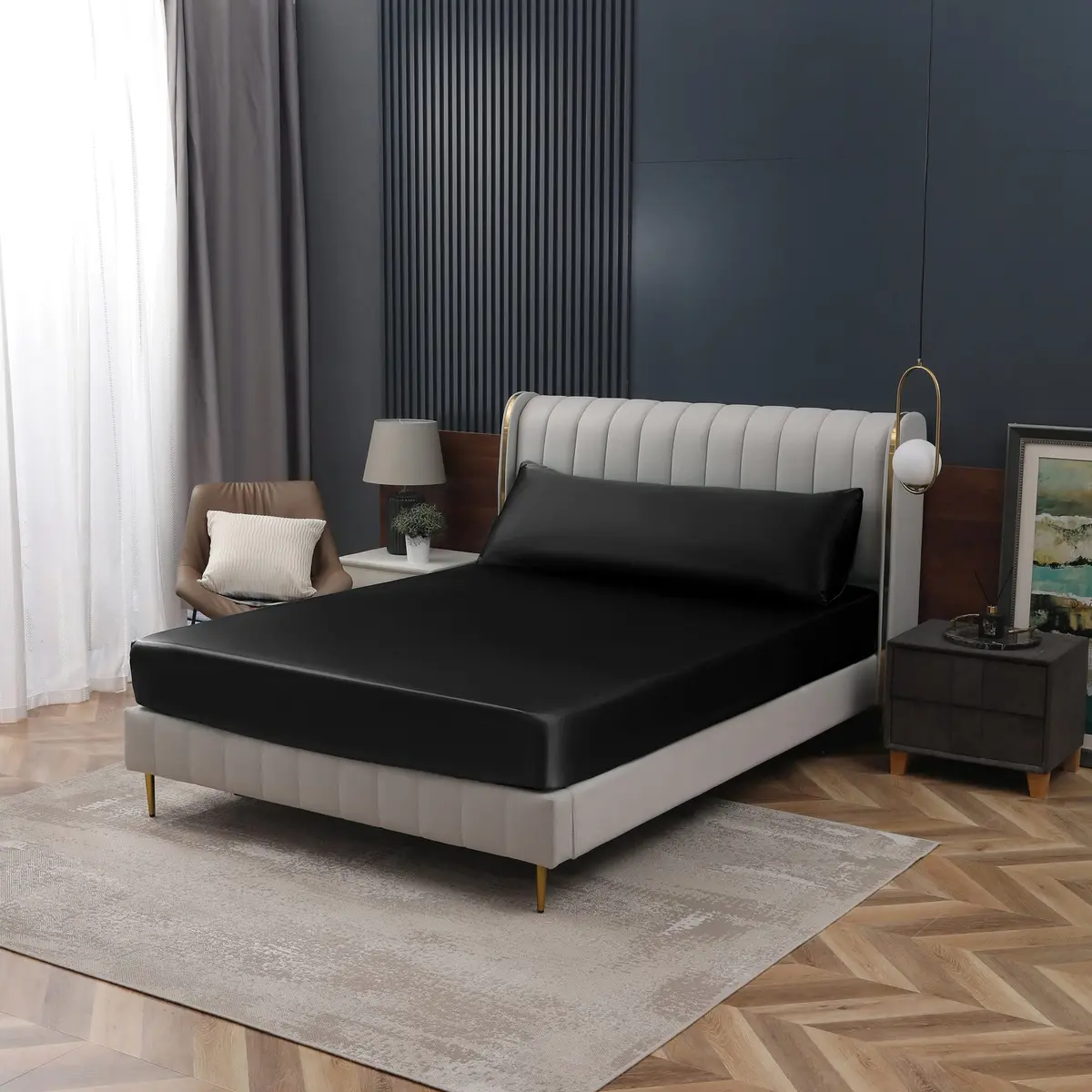Homiest Black Satin Fitted Sheet King Deep Pocket | Silky, Luxurious, Deep Fit (70-120 chars) - view 7