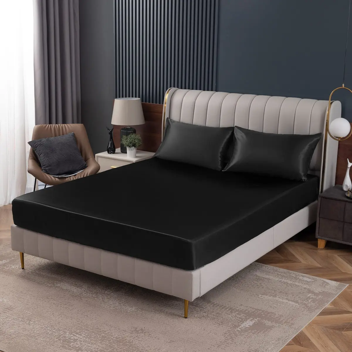 Homiest Black Satin Fitted Sheet King Deep Pocket | Silky, Luxurious, Deep Fit (70-120 chars) - view 9