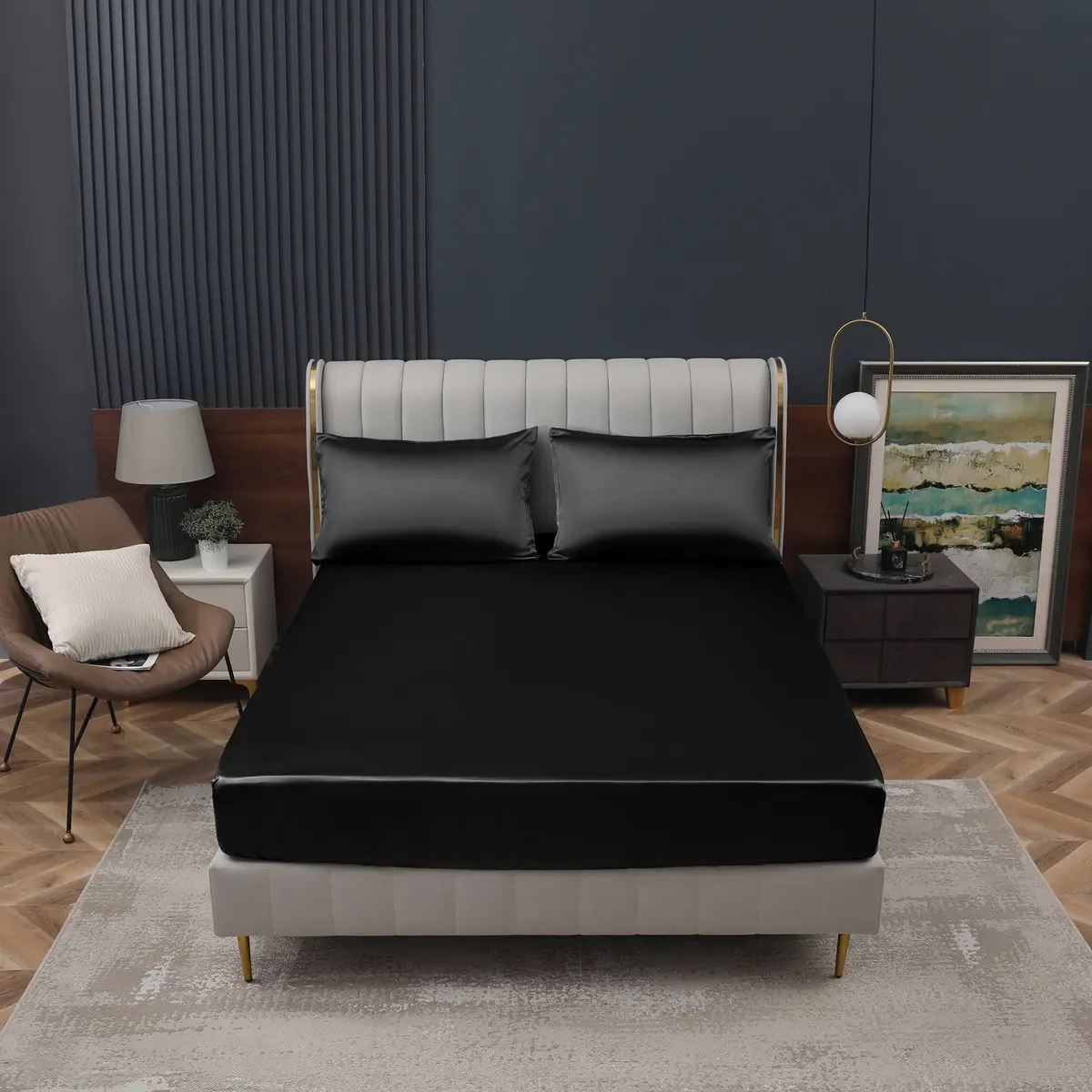 Homiest Black Satin Fitted Sheet King Deep Pocket | Silky, Luxurious, Deep Fit (70-120 chars) - view 2
