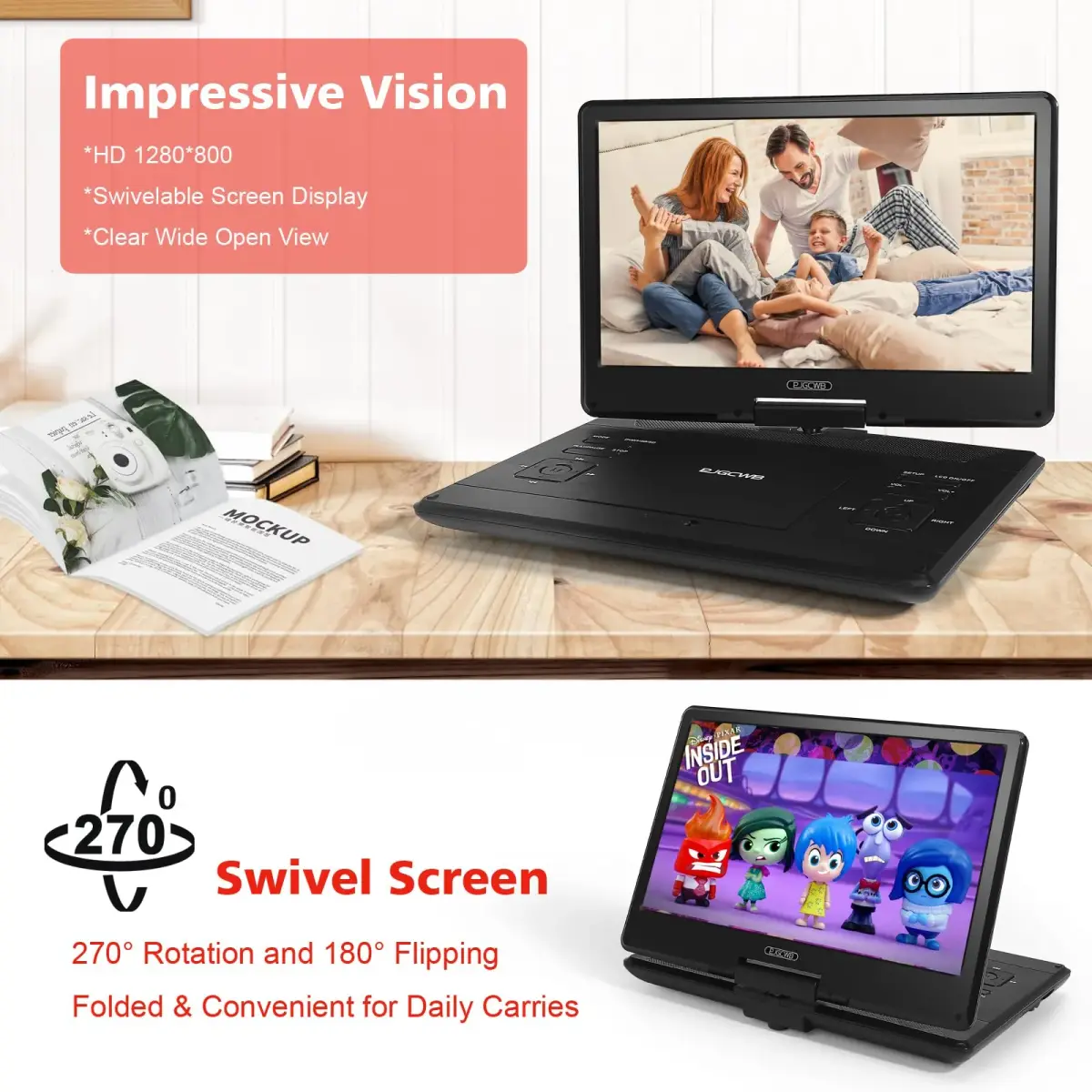 PJGCWB 14.1" HD Swivel Screen Portable DVD Player with Car Headrest Mount | 4-6 Hour Battery - view 5
