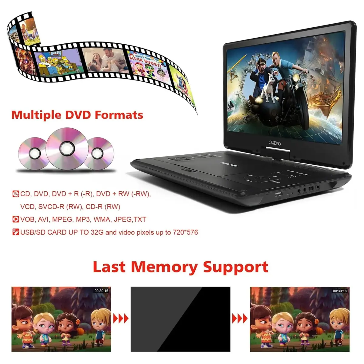 PJGCWB 14.1" HD Swivel Screen Portable DVD Player with Car Headrest Mount | 4-6 Hour Battery - view 3