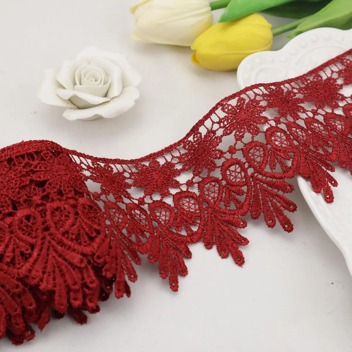 AIETSYEI Burgundy Lace Trim 8.9 cm (3.5 Inch) Wide Venise Lace Ribbon | Embroidered Edge Trim for Sewing DIY Crafts - main product image