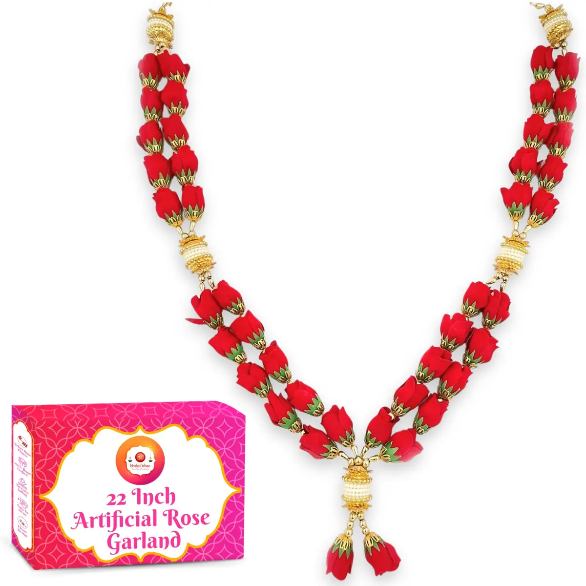 Bhakti Lehar 22 Inch Velvet Rose Garland for Photo Frame & Idol | Handmade Red Mala (24 Inch, Double Layer) - main product image
