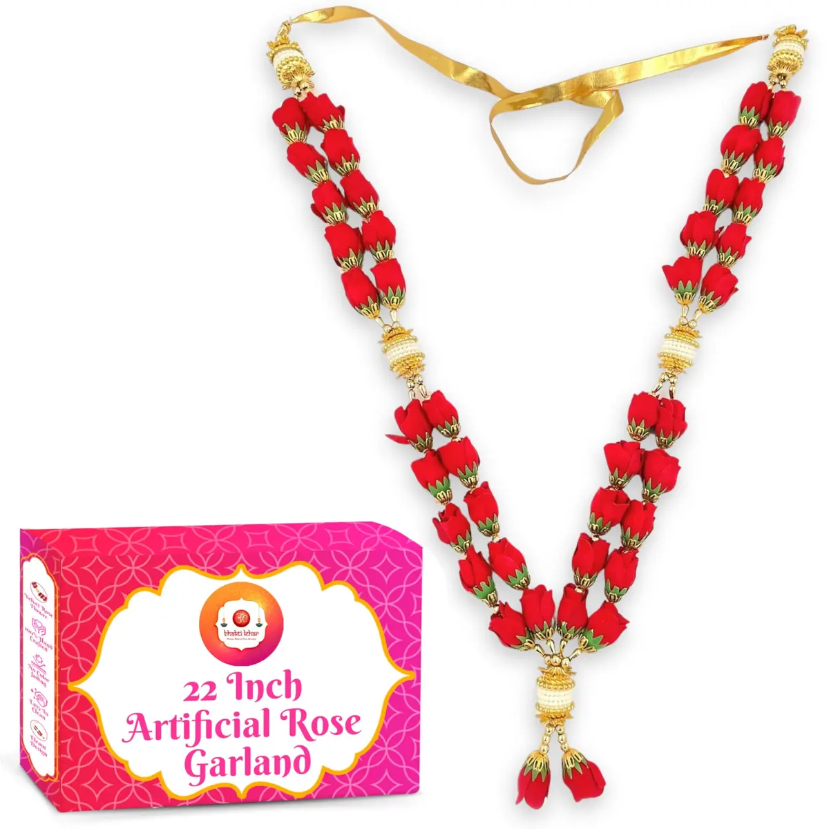 Bhakti Lehar 22 Inch Velvet Rose Garland for Photo Frame & Idol | Handmade Red Mala (24 Inch, Double Layer) - view 8