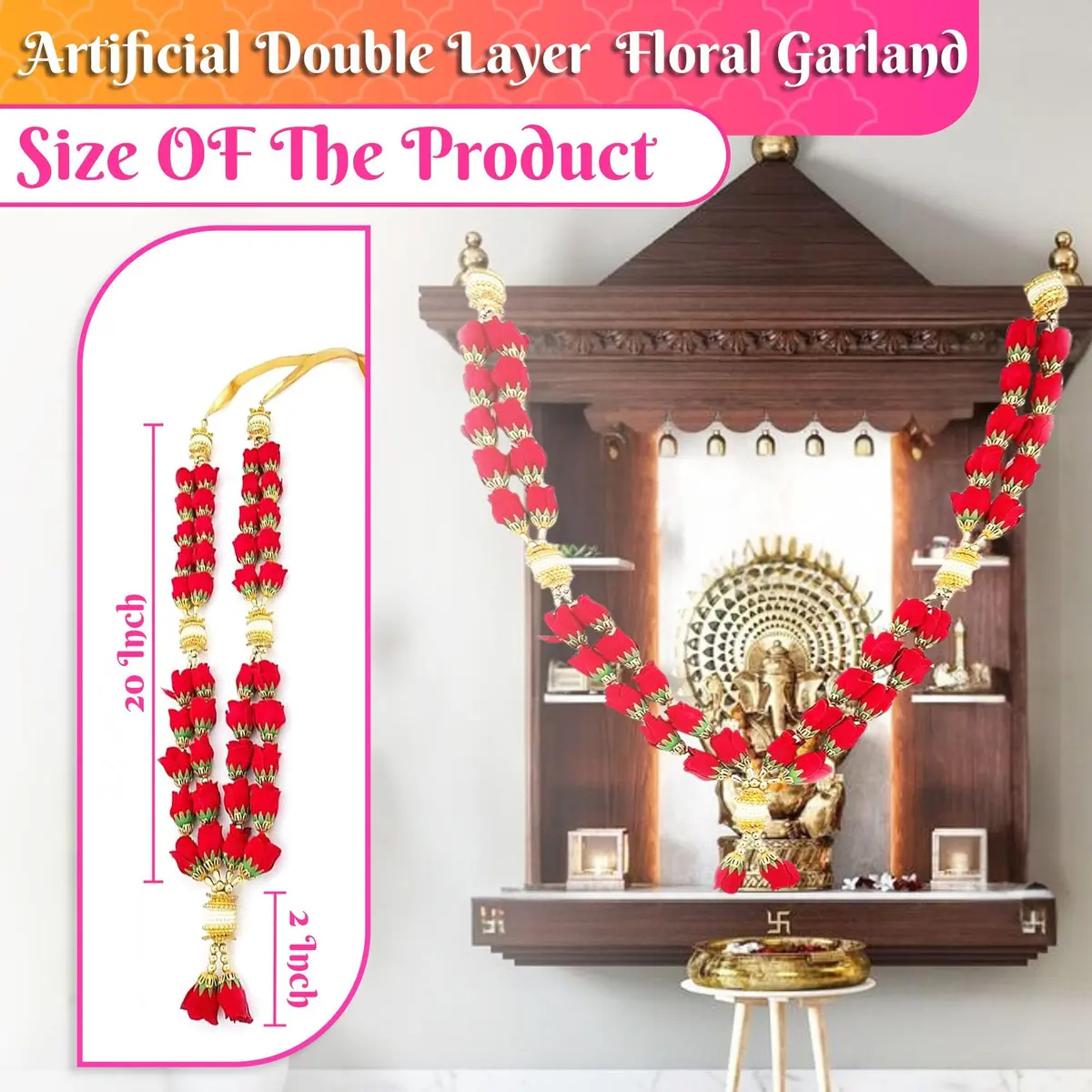 Bhakti Lehar 22 Inch Velvet Rose Garland for Photo Frame & Idol | Handmade Red Mala (24 Inch, Double Layer) - view 2